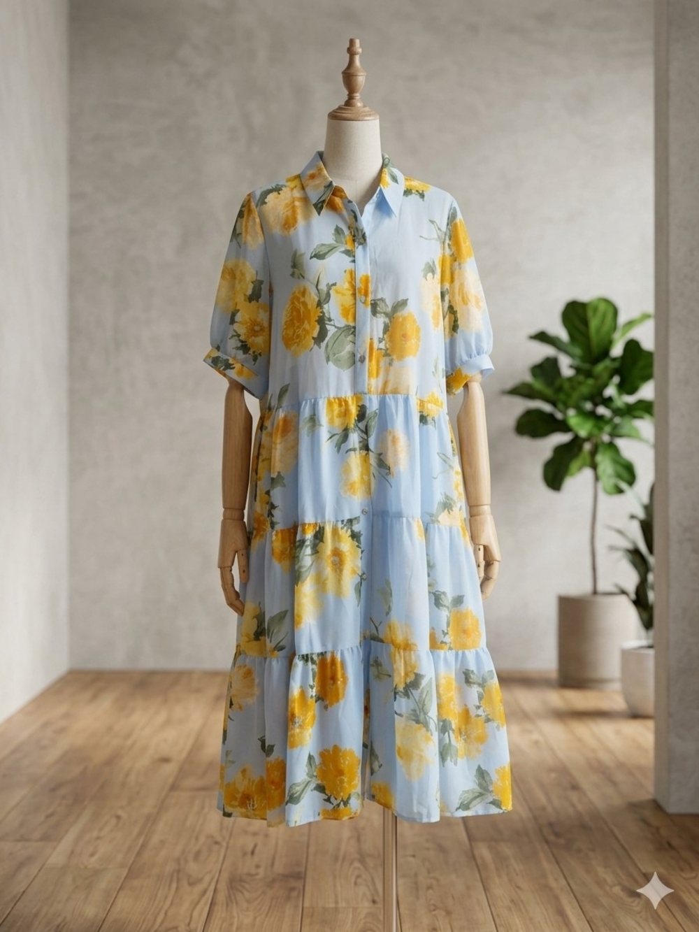 Light Blue Floral Tiered Shirt Midi Dress with Yellow Blooms